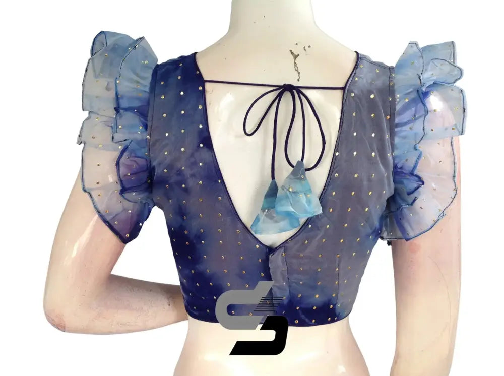 Blue Bliss, Tie Dye Designer V Neck Georgette Saree Blouse with Ruffle Sleeves - D3blouses