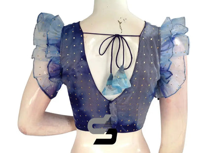 Blue Bliss, Tie Dye Designer V Neck Georgette Saree Blouse with Ruffle Sleeves - D3blouses