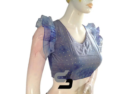 Blue Bliss, Tie Dye Designer V Neck Georgette Saree Blouse with Ruffle Sleeves - D3blouses