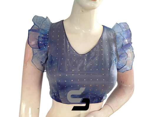 Blue Bliss, Tie Dye Designer V Neck Georgette Saree Blouse with Ruffle Sleeves - D3blouses