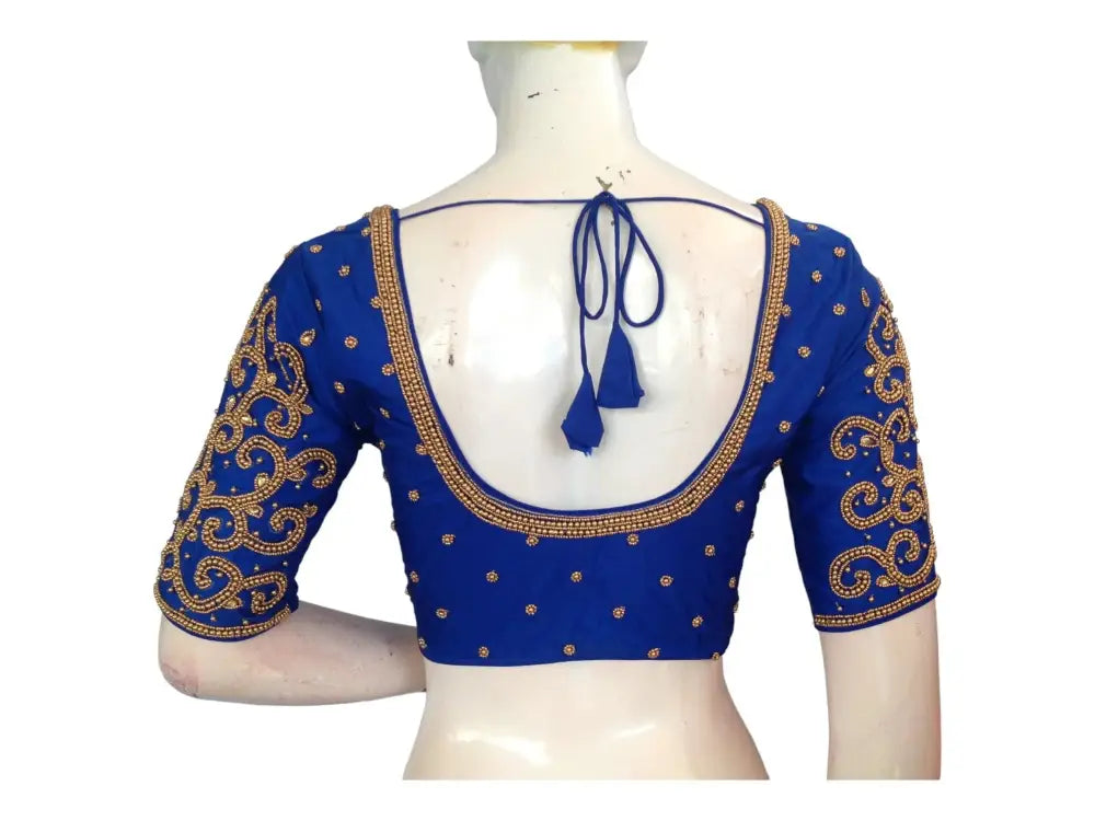 Blue Bridal Aari Handwork Saree Blouse, Traditional Indian Wedding Blouse - D3blouses