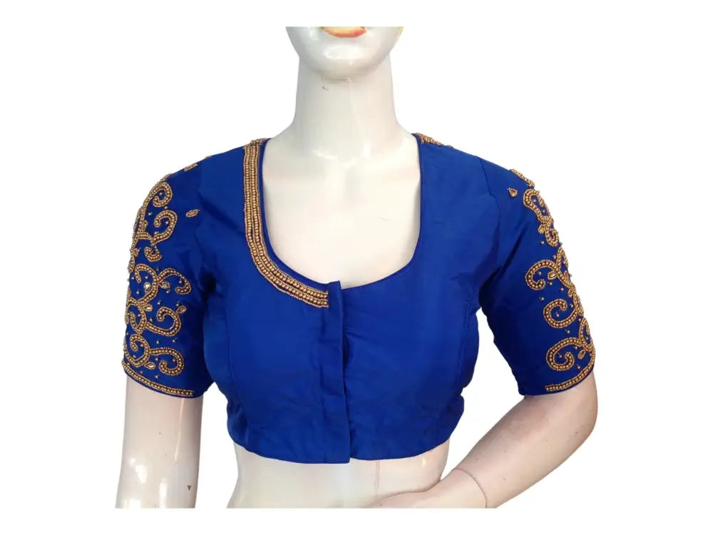 Blue Bridal Aari Handwork Saree Blouse, Traditional Indian Wedding Blouse - D3blouses