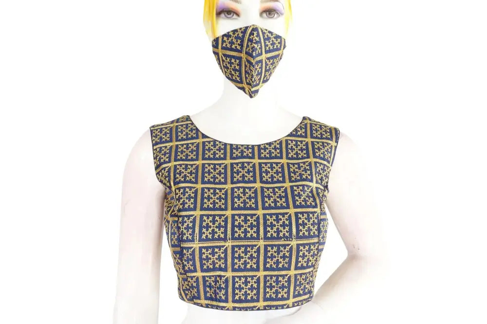 Blue Color Banaras Brocade Silk Readymade Blouse with Matching Mask - D3blouses