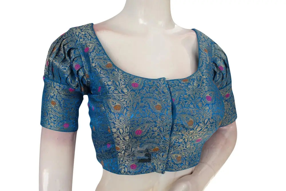 Blue Color Brocade Puff Sleeves Readymade Saree Blouse With Matching Mask - D3blouses
