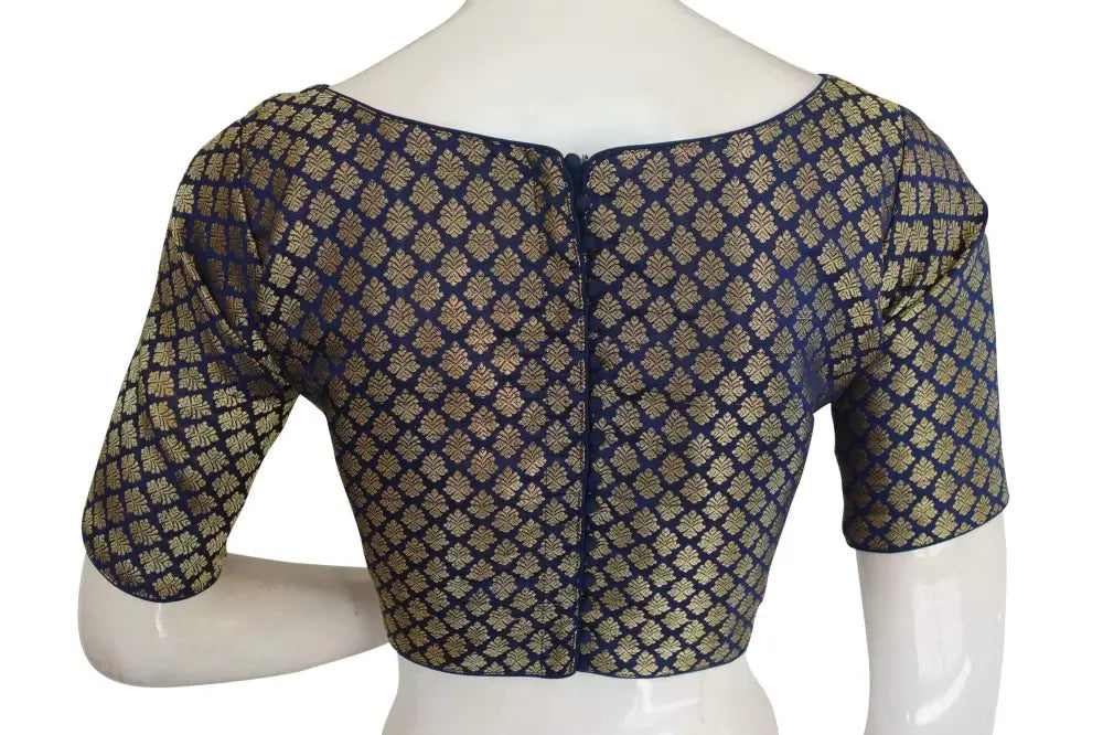 Blue Color Brocade Silk Designer Boat Neck Readymade saree blouse with Potli Button , Indian Silk saree Readymade blouse - D3blouses