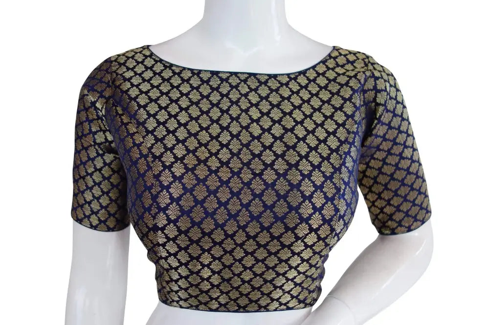 Blue Color Brocade Silk Designer Boat Neck Readymade saree blouse with Potli Button , Indian Silk saree Readymade blouse - D3blouses