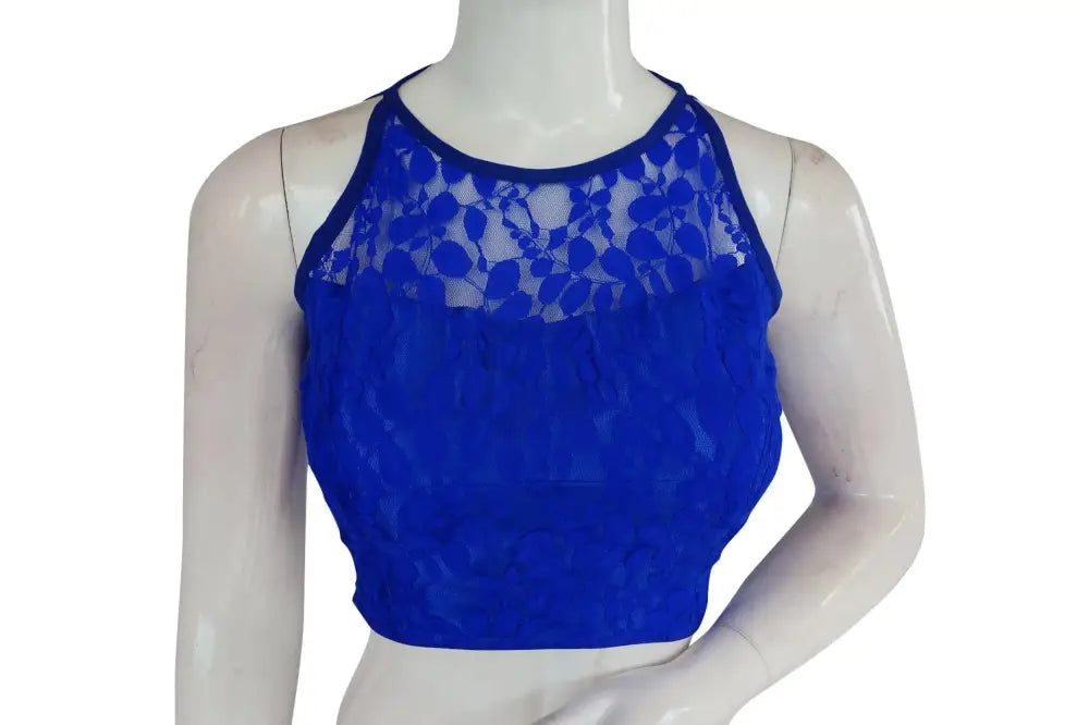 Blue Color Designer Floral Embossed Net Sleeveless Readymade saree blouse, Indian saree Readymade blouse - D3blouses