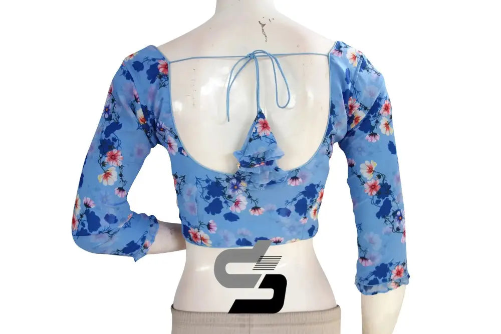 Blue Color Designer Organza 3/4th Sleeve Readymade Saree Blouse With Tassels - D3blouses