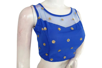 Blue Color Floral Organza Netted Designer Blouse With Tassels - D3blouses