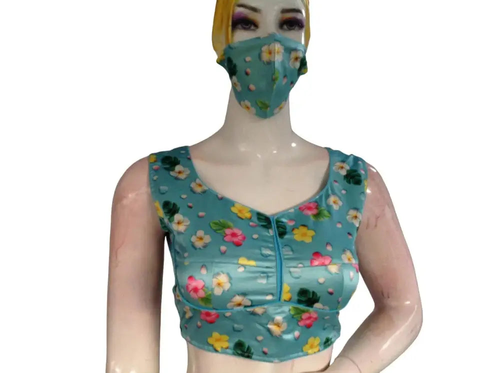 Blue Color Floral Satin Printed Designer Readymade Saree Blouse - D3blouses