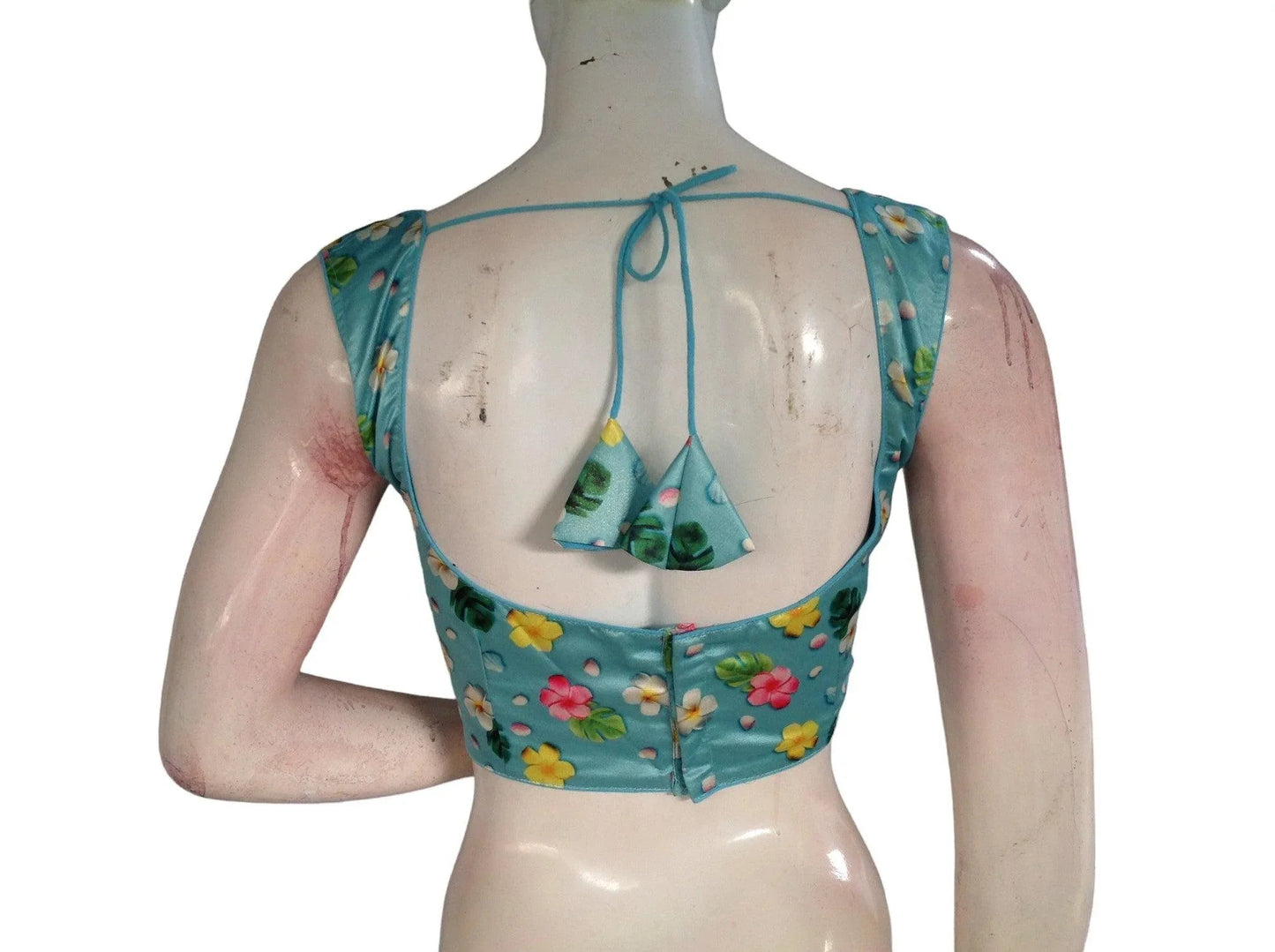 Blue Color Floral Satin Printed Designer Readymade Saree Blouse - D3blouses