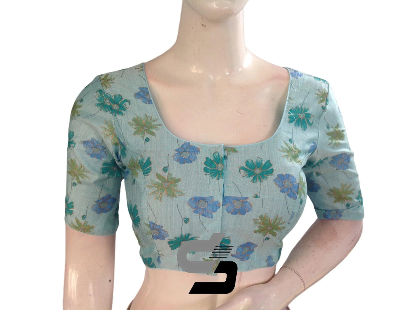 Blue Color Floral Tissue silk Readymade saree blouse From D3 Blouses - D3blouses