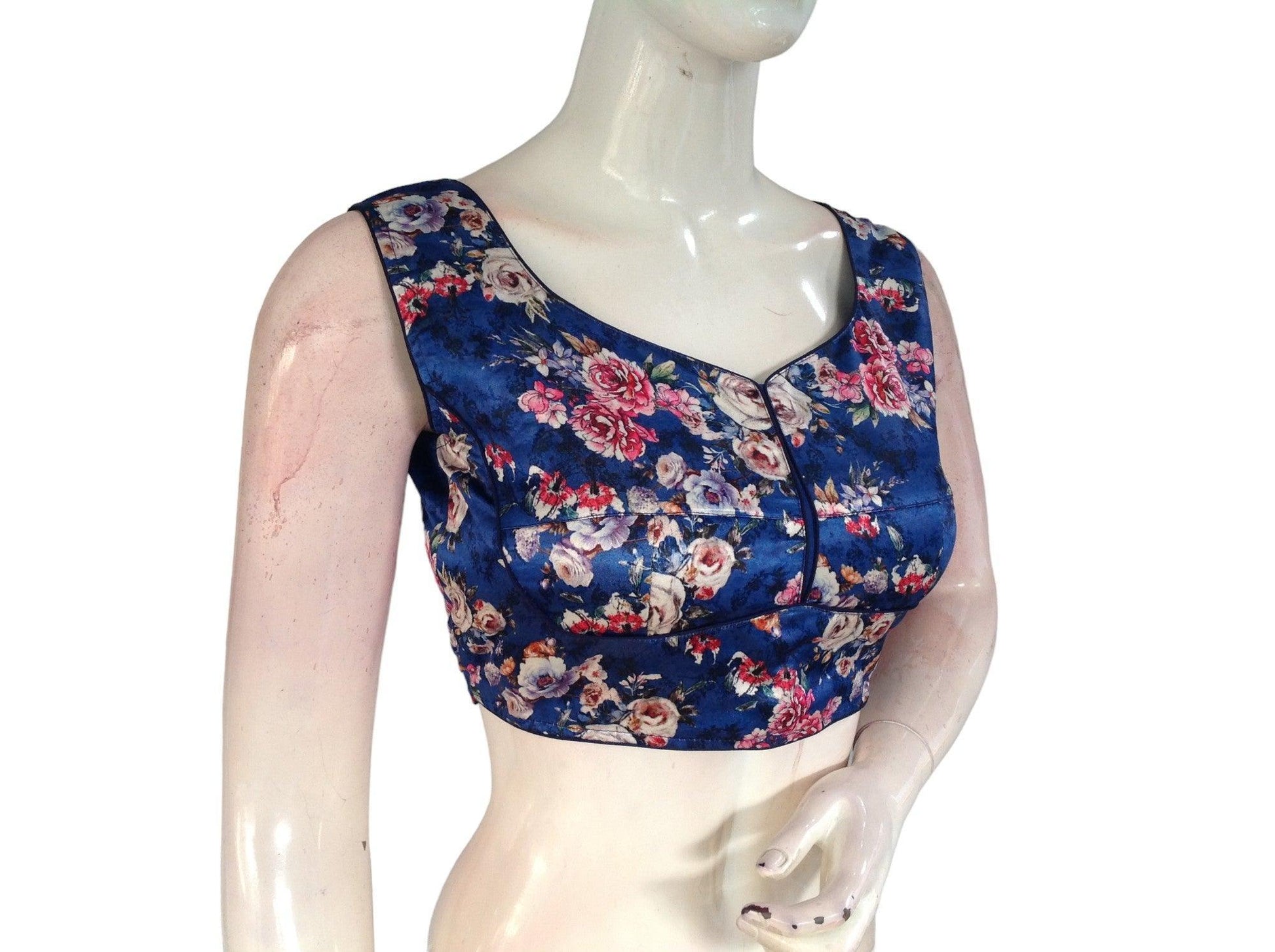 Blue Color Satin Printed Designer Readymade Saree Blouse - D3blouses