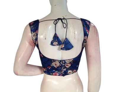 Blue Color Satin Printed Designer Readymade Saree Blouse - D3blouses