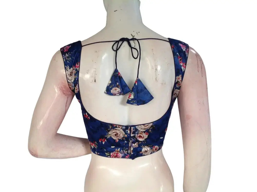 Blue Color Satin Printed Designer Readymade Saree Blouse - D3blouses