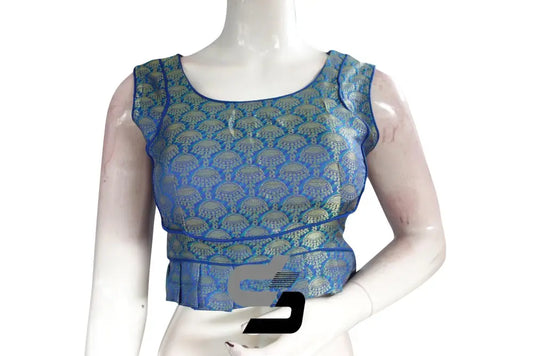 Blue Color Sleeveless Brocade Designer Party Wear Readymade Blouse/ Indian Crop Tops - D3blouses