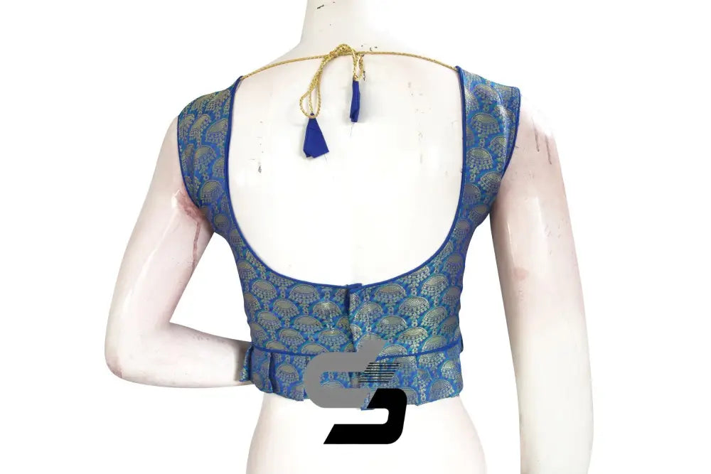 Blue Color Sleeveless Brocade Designer Party Wear Readymade Blouse/ Indian Crop Tops - D3blouses