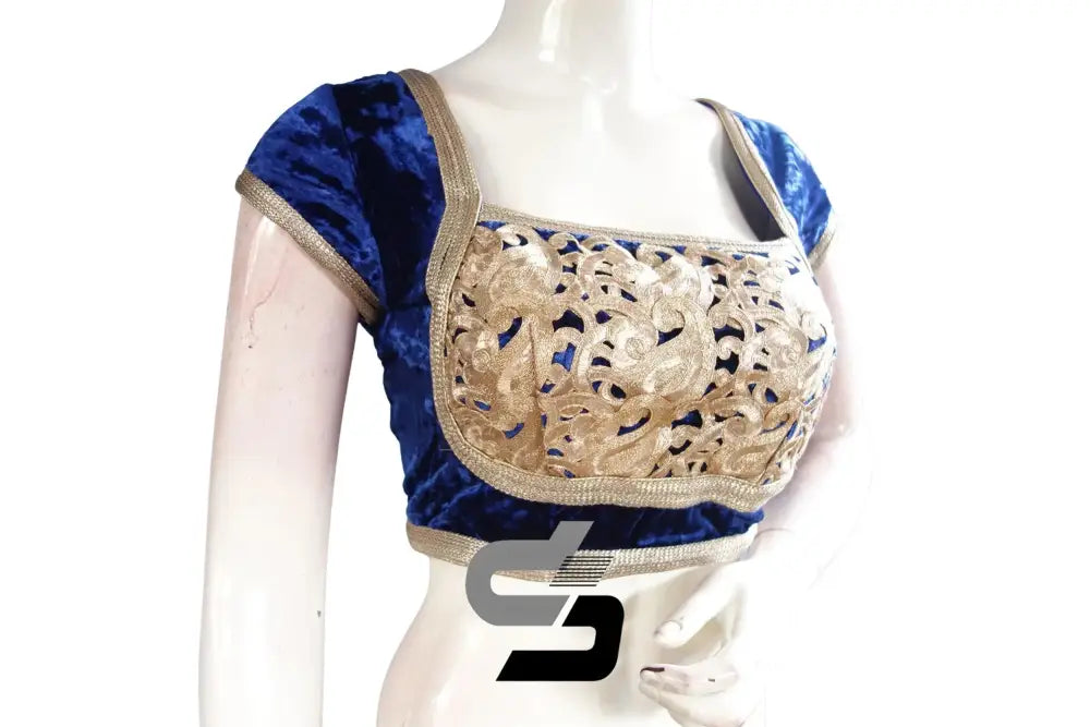 Blue Color Velvet Designer Party Wear Readymade Blouse/ Indian Crop Tops - D3blouses