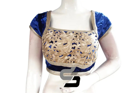 Blue Color Velvet Designer Party Wear Readymade Blouse/ Indian Crop Tops - D3blouses