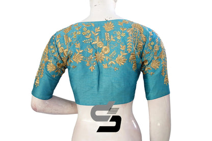 Blue High Neck Designer Embroidered Saree Blouses: Dynamic Elegance - D3blouses
