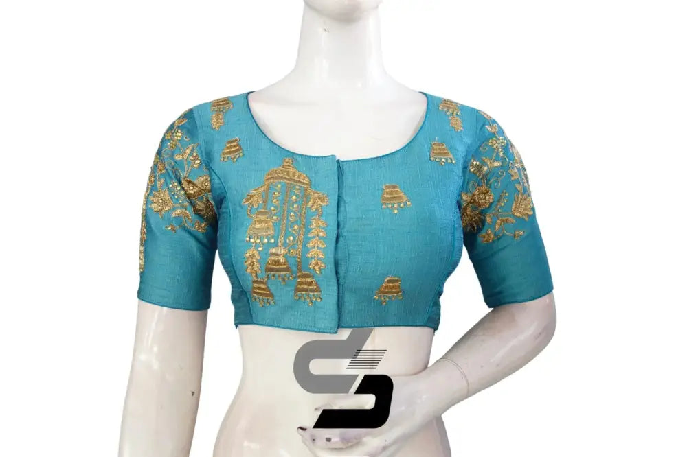 Blue High Neck Designer Embroidered Saree Blouses: Dynamic Elegance - D3blouses