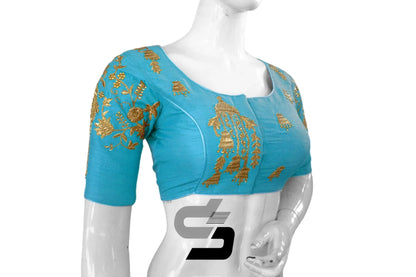 Blue High Neck Designer Embroidered Saree Blouses: Dynamic Elegance - D3blouses