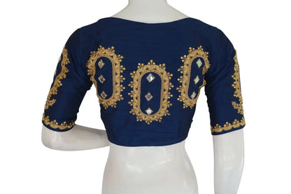 Blue High Neck Embroidered Readymade Blouse: Mirror Detail, Indian Crop Top - D3blouses