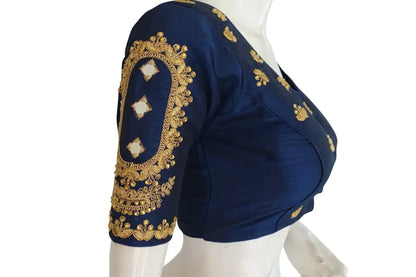 Blue High Neck Embroidered Readymade Blouse: Mirror Detail, Indian Crop Top - D3blouses