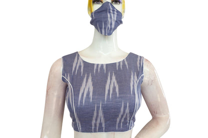 Blue Ikkat Boat Neck Designer Blouse with Back Tie, Stylish Women's Fashion Online - D3blouses