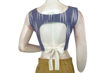 Blue Ikkat Boat Neck Designer Blouse with Back Tie, Stylish Women's Fashion Online - D3blouses