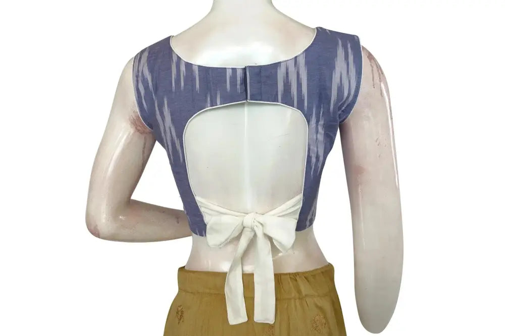 Blue Ikkat Boat Neck Designer Blouse with Back Tie, Stylish Women's Fashion Online - D3blouses