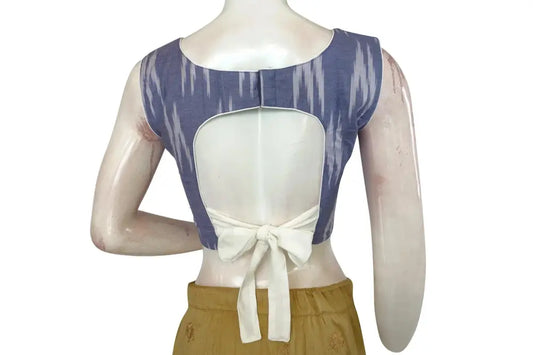 Blue Ikkat Boat Neck Designer Blouse with Back Tie, Stylish Women's Fashion Online - D3blouses