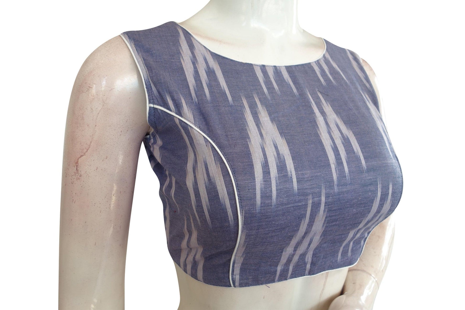 Blue Ikkat Boat Neck Designer Blouse with Back Tie, Stylish Women's Fashion Online - D3blouses