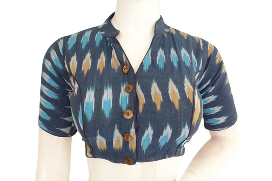 Blue Ikkat Collar Designer Blouse - Classic Women's Attire - D3blouses