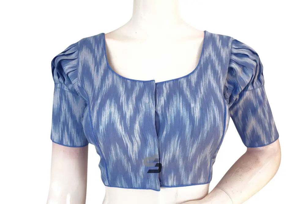 Blue Ikkat Cotton Designer Blouse with Puff Sleeves, Stylish Elegance - D3blouses