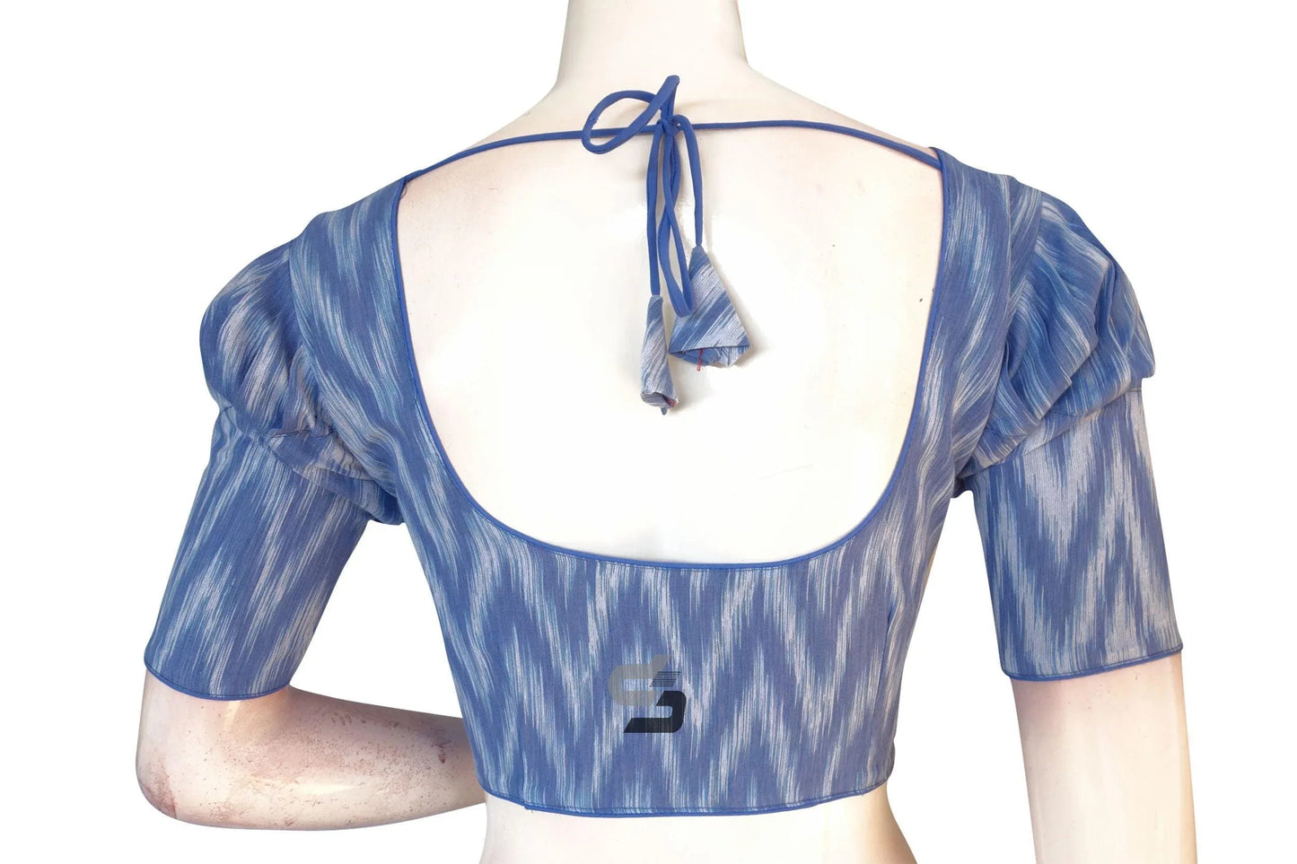 Blue Ikkat Cotton Designer Blouse with Puff Sleeves, Stylish Elegance - D3blouses