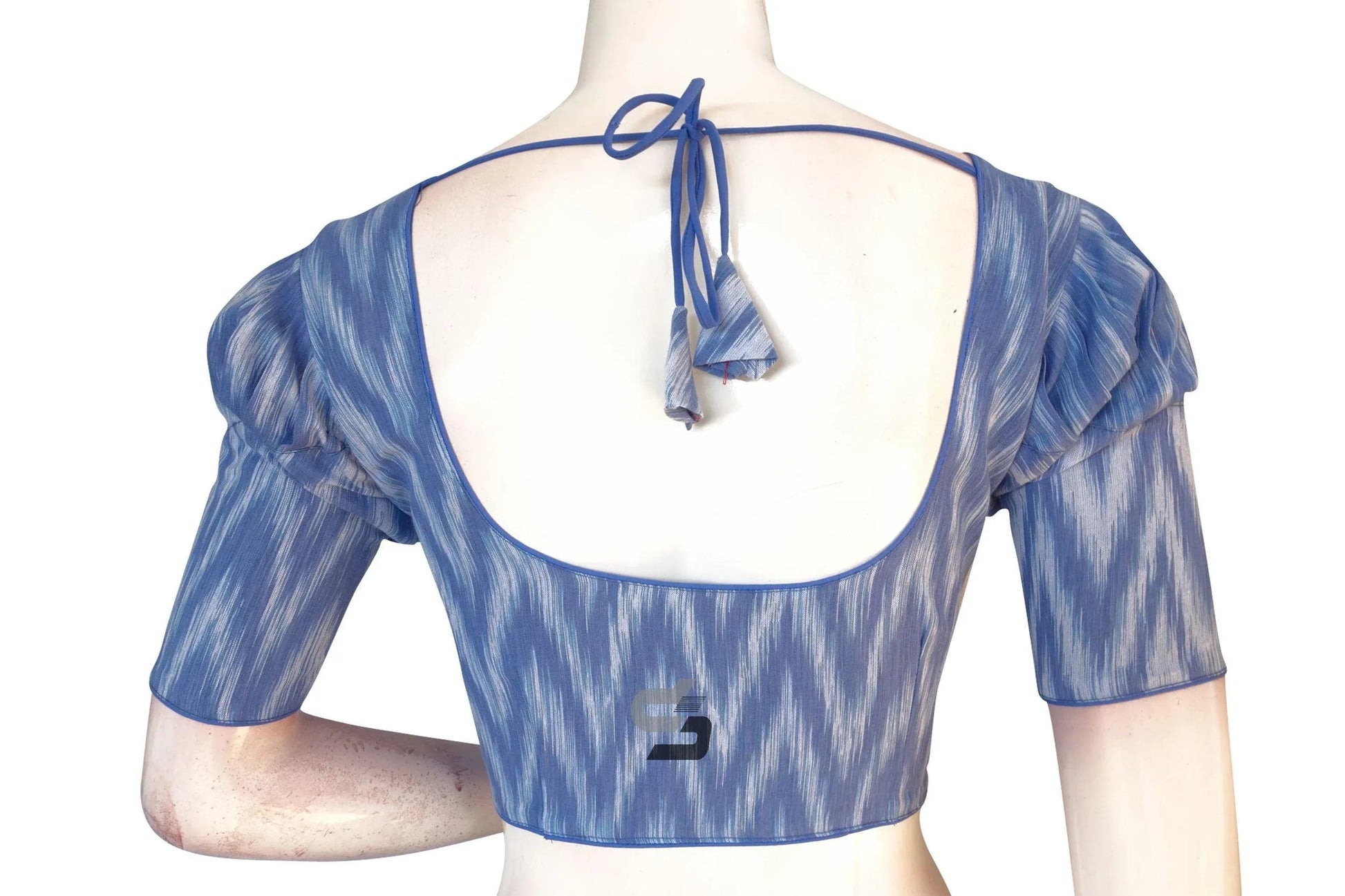 Blue Ikkat Cotton Designer Blouse with Puff Sleeves, Stylish Elegance - D3blouses