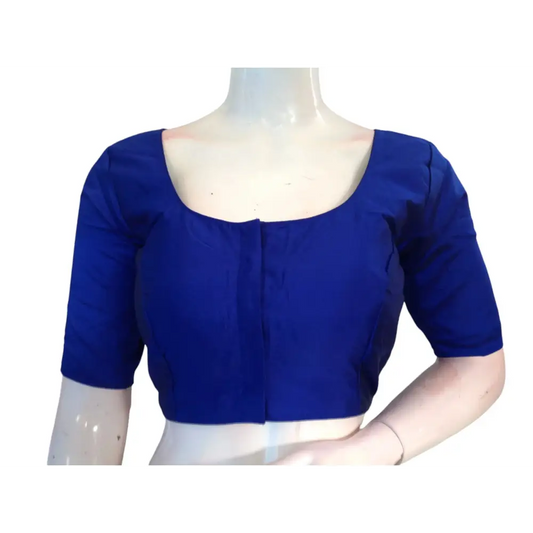 Blue Silk Cotton Plain Readymade Saree Blouse - Indian Fashion - D3blouses