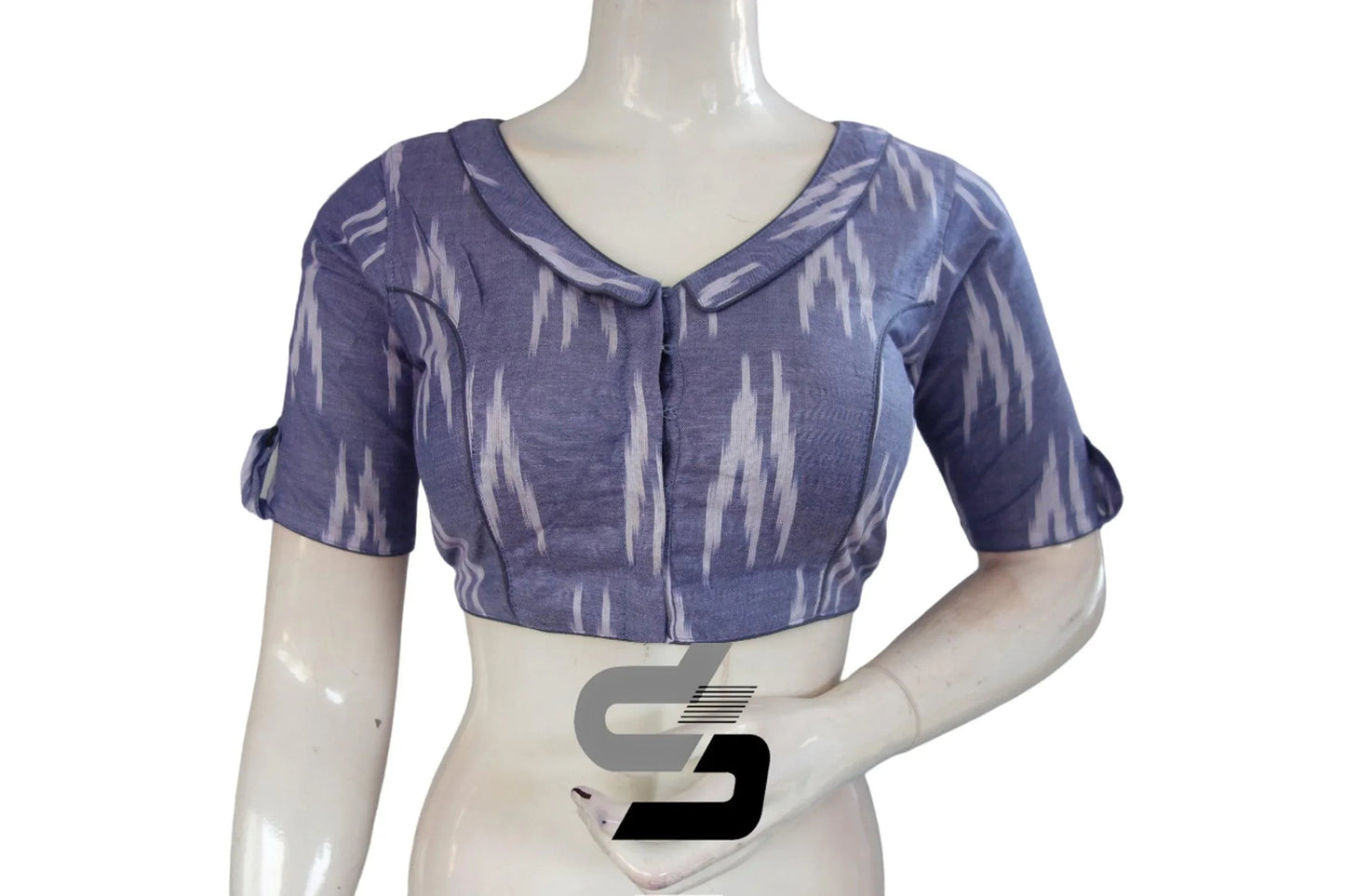 Bluish Grey, Ikkat Designer Readymade Saree Blouses with Peter Pan Collar Twist - D3blouses