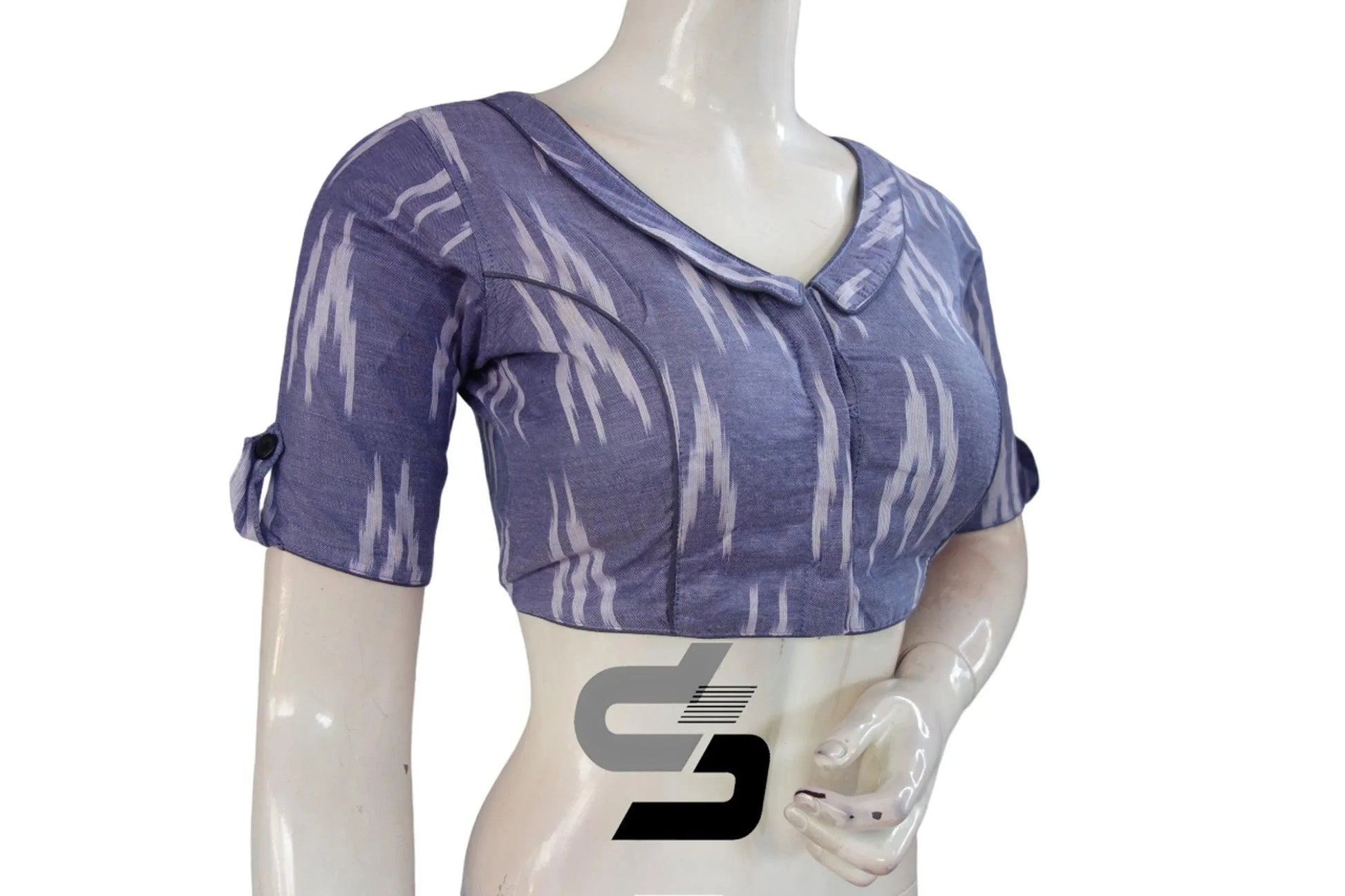 Bluish Grey, Ikkat Designer Readymade Saree Blouses with Peter Pan Collar Twist - D3blouses