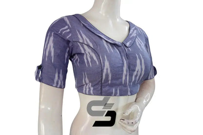 Bluish Grey, Ikkat Designer Readymade Saree Blouses with Peter Pan Collar Twist - D3blouses
