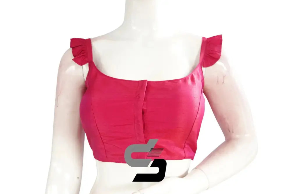 Blush Bloom, Pink Plain Silk Spaghetti Frill Sleeves Readymade Saree Blouse - D3blouses