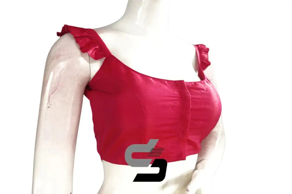 Blush Bloom, Pink Plain Silk Spaghetti Frill Sleeves Readymade Saree Blouse - D3blouses