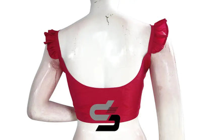 Blush Bloom, Pink Plain Silk Spaghetti Frill Sleeves Readymade Saree Blouse - D3blouses