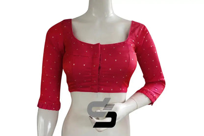 Blushing Charm, Pink Double Shade Brocade Silk Readymade Saree Blouse with Frill Sleeves - D3blouses