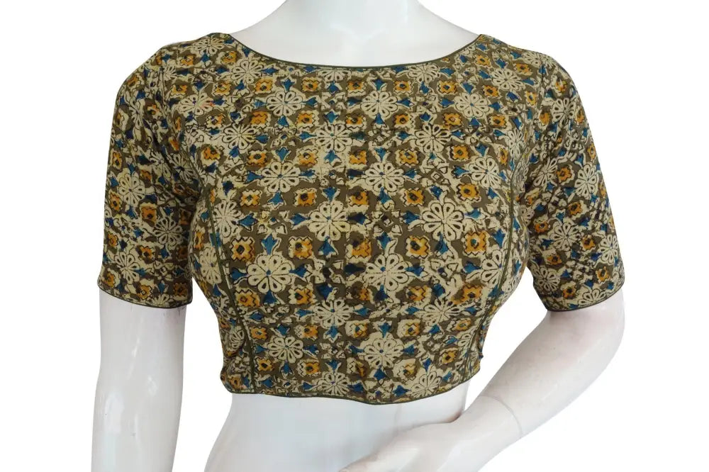 Boat Neck Kalamkari Saree Blouse, Effortless Designer Ready-to-Wear - D3blouses