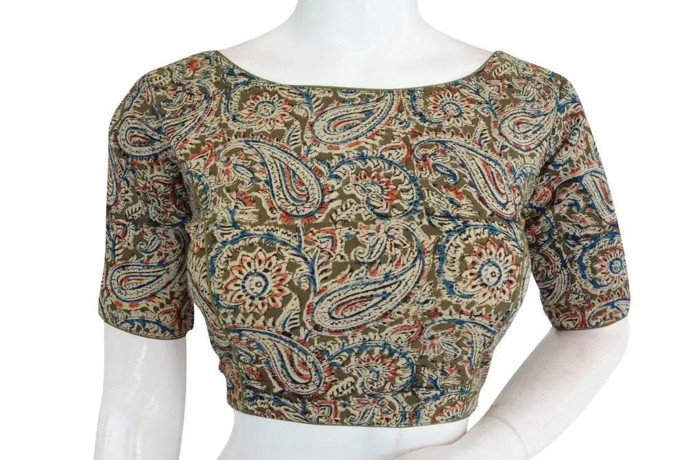 Boat Neck Kalamkari Saree Blouse, Effortless Ready-to-Wear - D3blouses