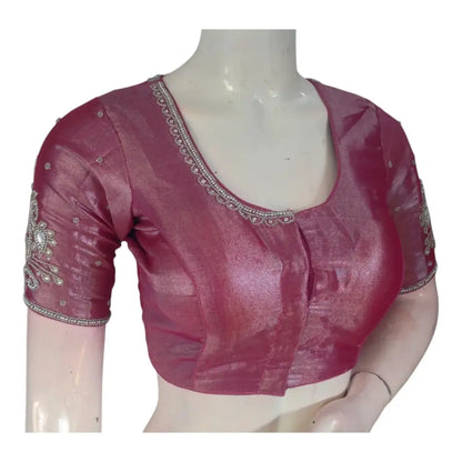 Bold Magenta Color Readymade Blouse | Silver Aari Detail | Tissue Silk - D3blouses