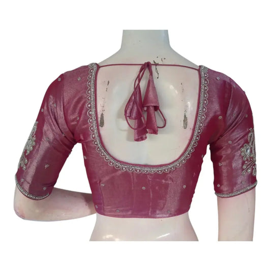 Bold Magenta Color Readymade Blouse | Silver Aari Detail | Tissue Silk - D3blouses