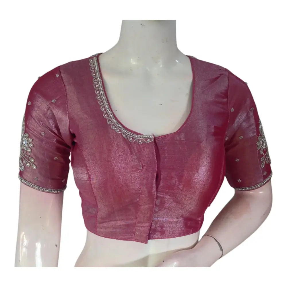 Bold Magenta Color Readymade Blouse | Silver Aari Detail | Tissue Silk - D3blouses